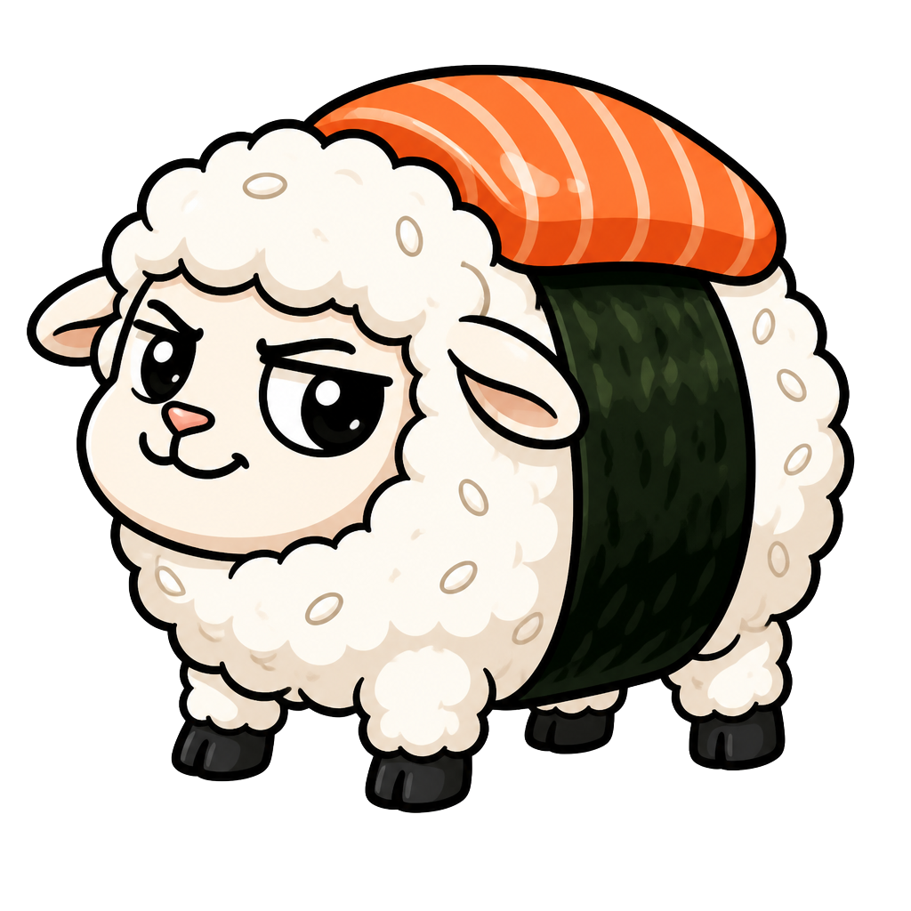 SushiSheep mascot: a fluffy white sheep wrapped in nori with salmon nigiri on its back
